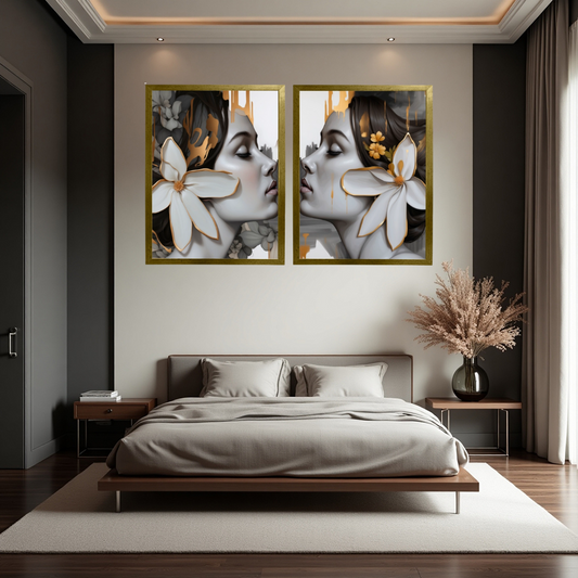 Kit 2 Quadros: Floral - Arte Moderna em Tons Neutros