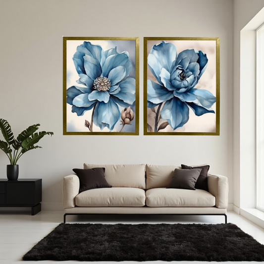 Kit 2 Quadros: Floral Azul Sereno
