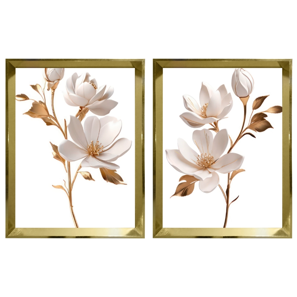 Kit 2 Quadros: Duo Floral Dourado