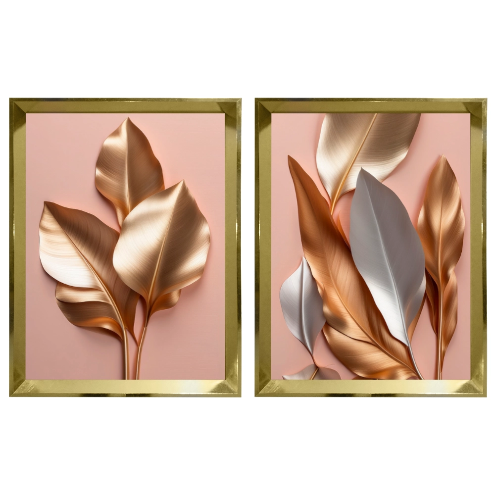 Kit 2 Quadros: Floral Ouro e Rosé