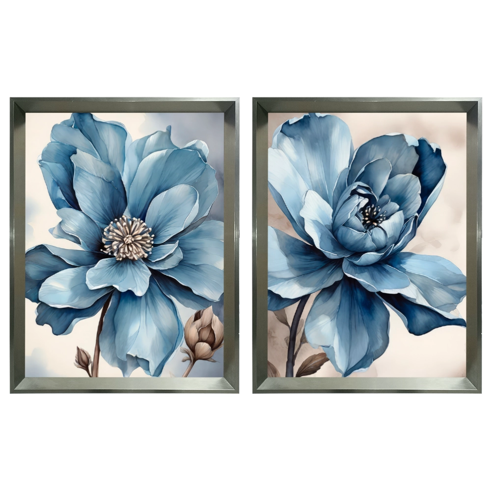 Kit 2 Quadros: Floral Azul Sereno
