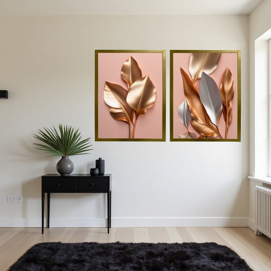 Kit 2 Quadros: Floral Ouro e Rosé