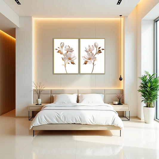 Kit 2 Quadros: Duo Floral Dourado