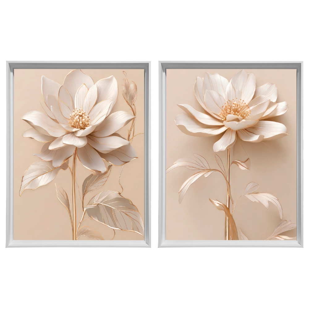 Kit 2 Quadros: Floral Elegância Dourado