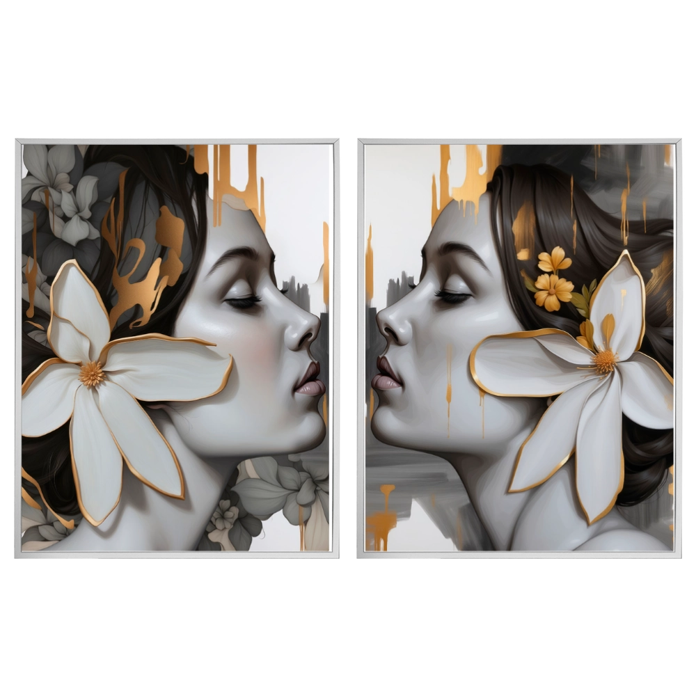 Kit 2 Quadros: Floral - Arte Moderna em Tons Neutros