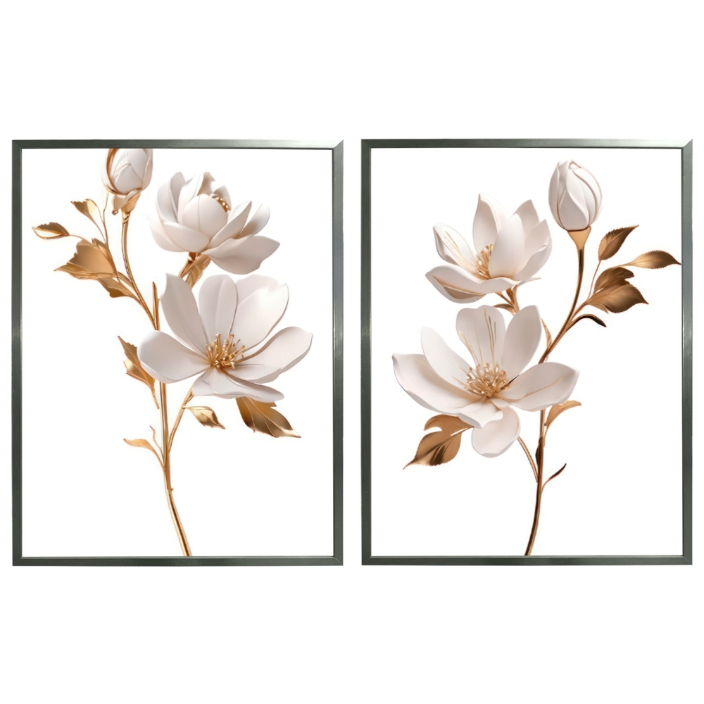 Kit 2 Quadros: Duo Floral Dourado