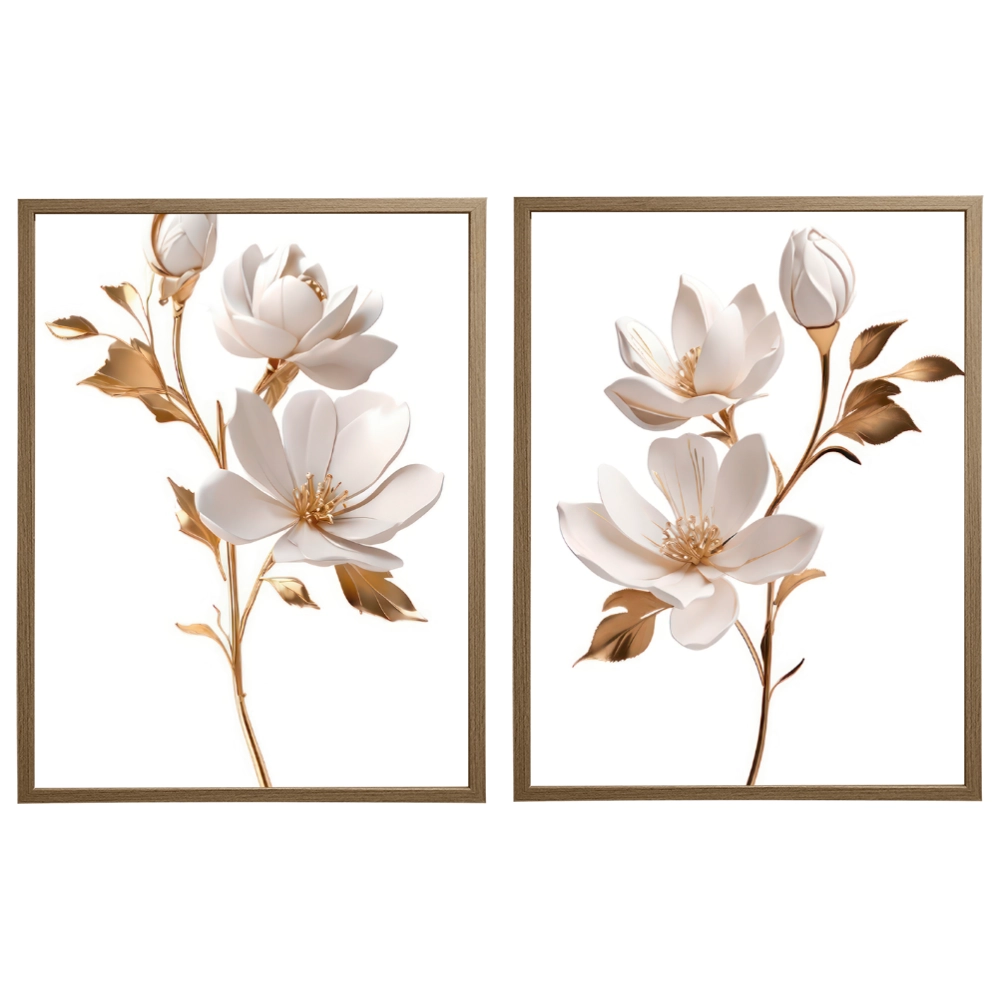 Kit 2 Quadros: Duo Floral Dourado