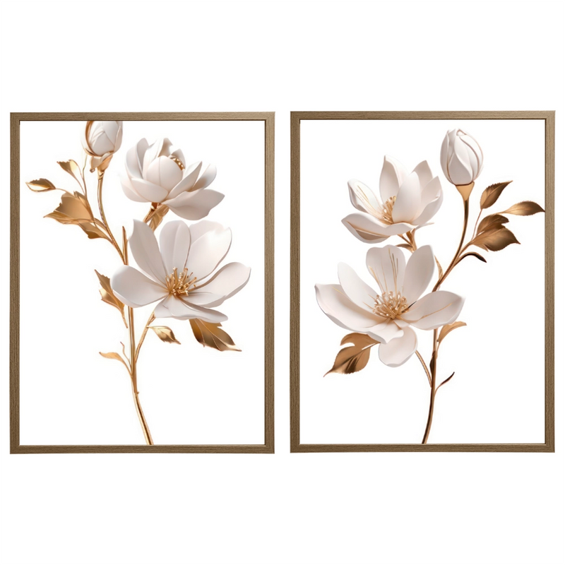 Kit 2 Quadros: Duo Floral Dourado