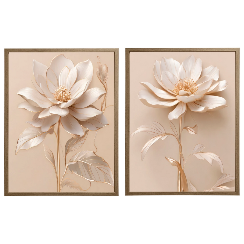 Kit 2 Quadros: Floral Elegância Dourado