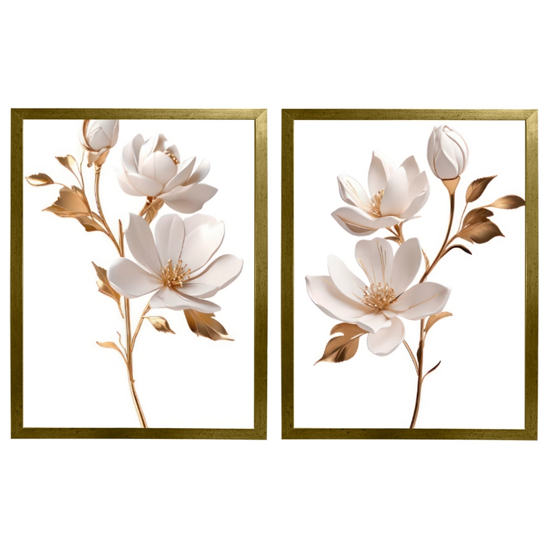 Kit 2 Quadros: Duo Floral Dourado
