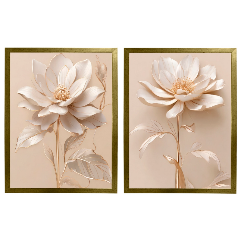Kit 2 Quadros: Floral Elegância Dourado