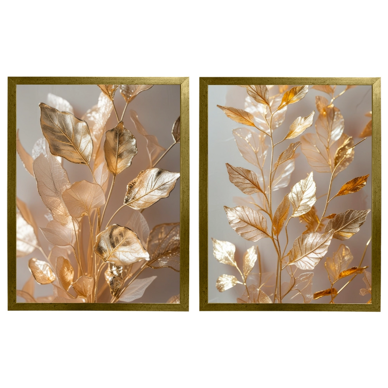 Kit 2 Quadros: Floral Ouro Botânico - 60x80