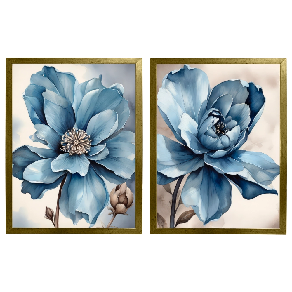 Kit 2 Quadros: Floral Azul Sereno