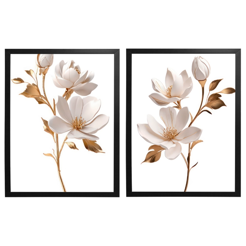 Kit 2 Quadros: Duo Floral Dourado