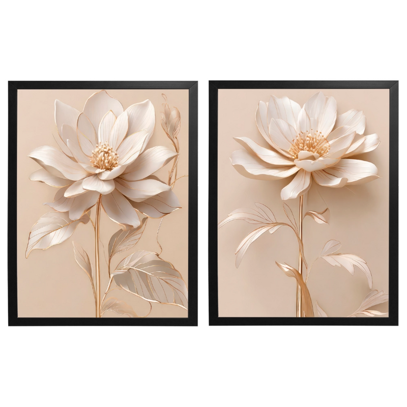 Kit 2 Quadros: Floral Elegância Dourado