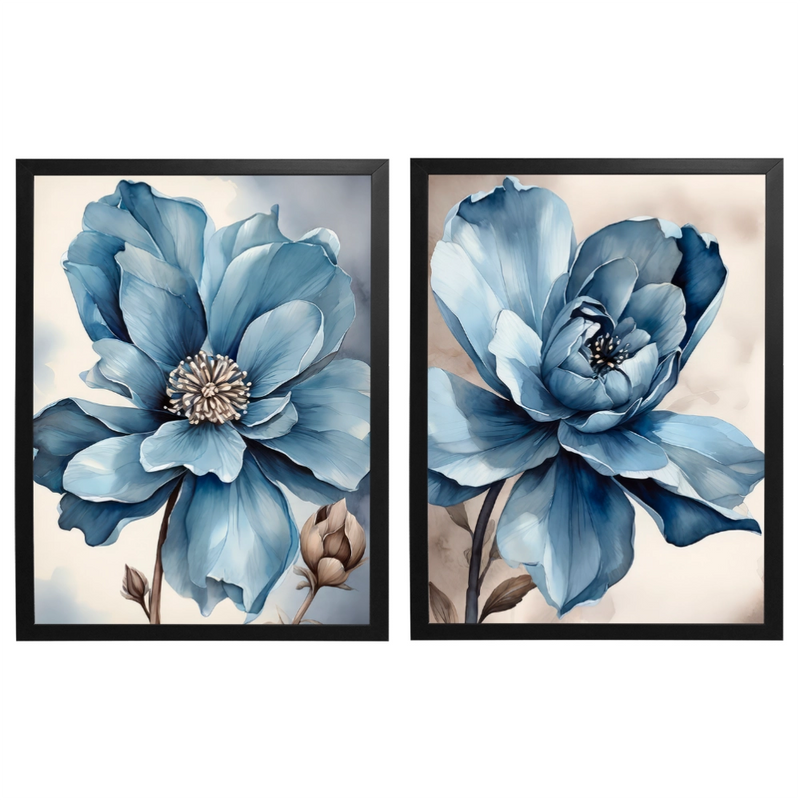 Kit 2 Quadros: Floral Azul Sereno