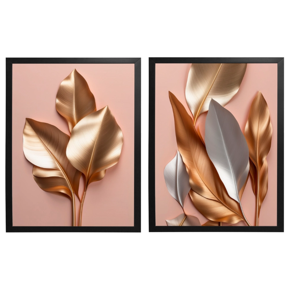 Kit 2 Quadros: Floral Ouro e Rosé