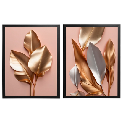 Kit 2 Quadros: Floral Ouro e Rosé