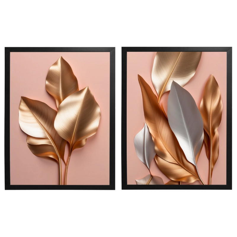 Kit 2 Quadros: Floral Ouro e Rosé