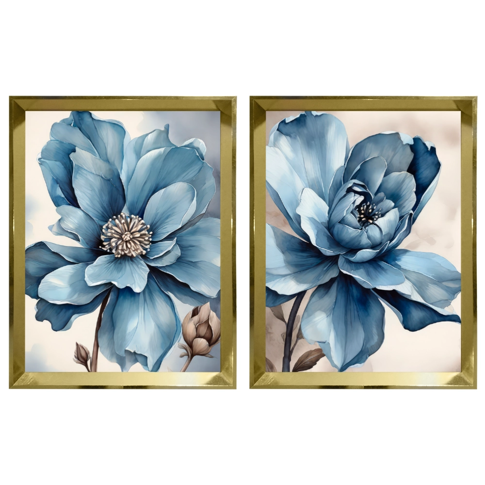 Kit 2 Quadros: Floral Azul Sereno