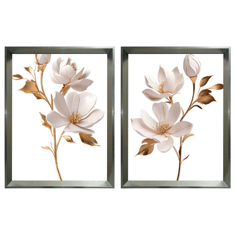 Kit 2 Quadros: Duo Floral Dourado