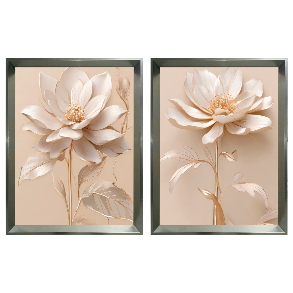 Kit 2 Quadros: Floral Elegância Dourado