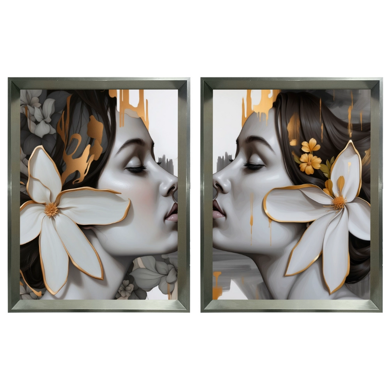 Kit 2 Quadros: Floral - Arte Moderna em Tons Neutros
