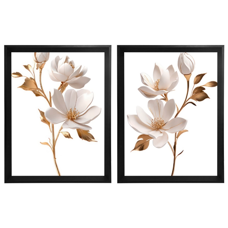 Kit 2 Quadros: Duo Floral Dourado