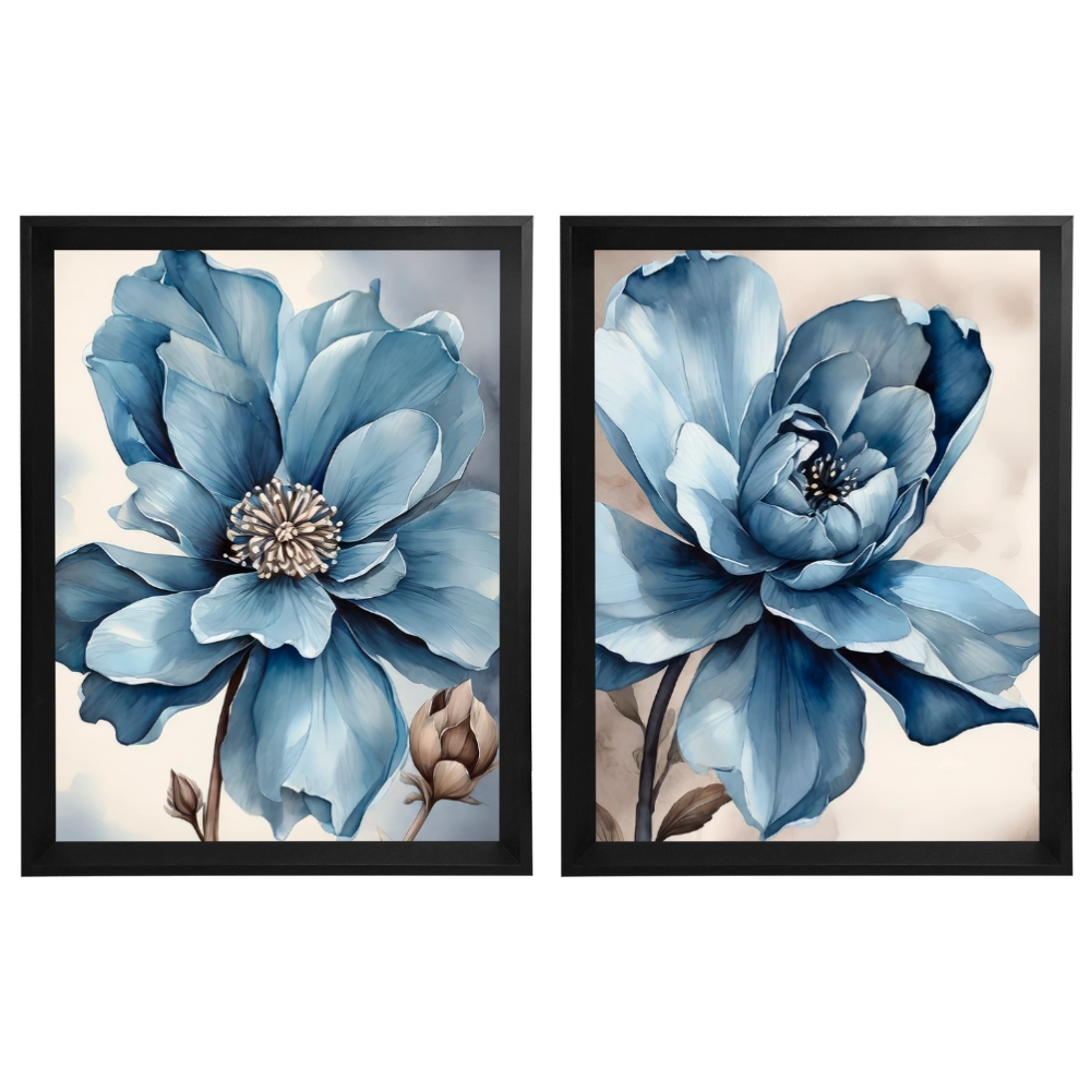 Kit 2 Quadros: Floral Azul Sereno