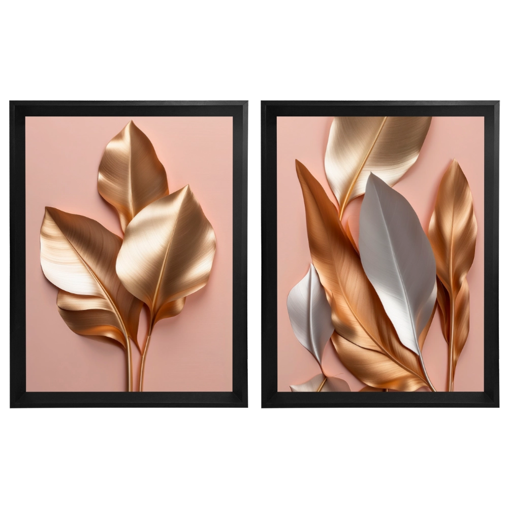 Kit 2 Quadros: Floral Ouro e Rosé