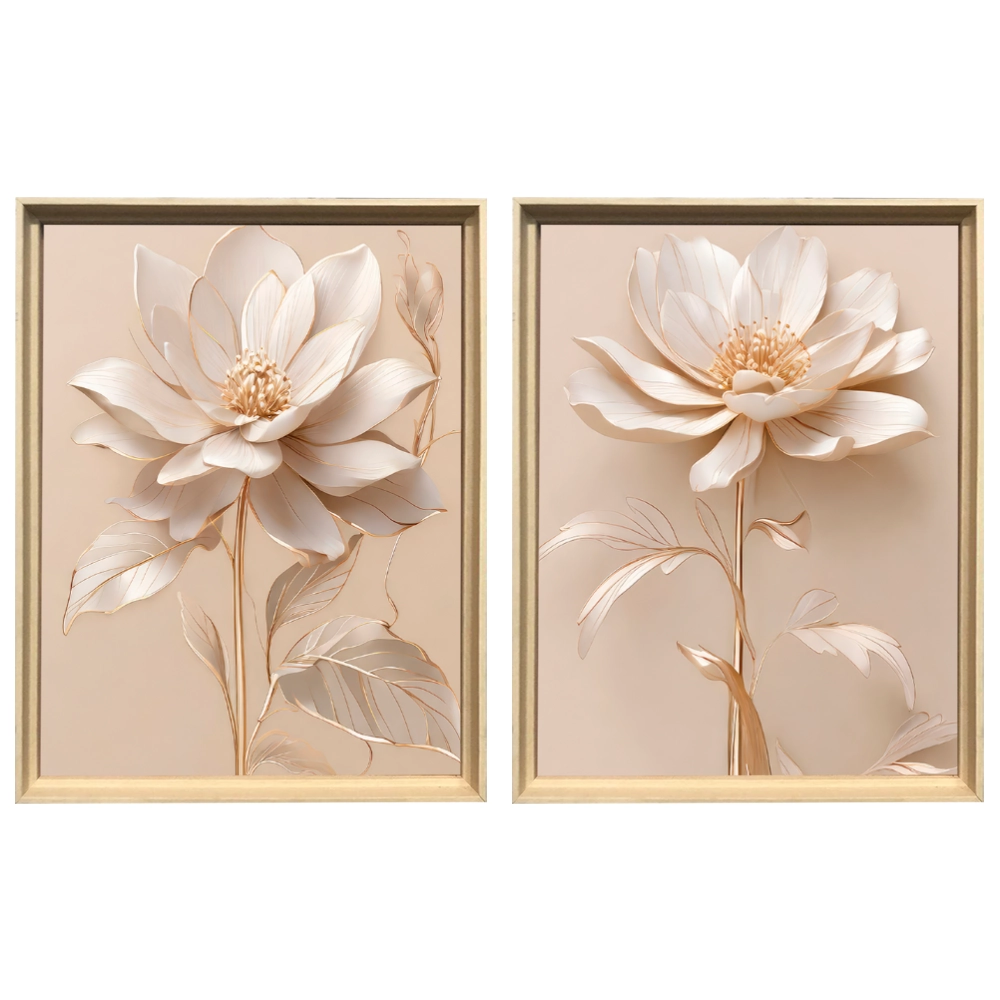 Kit 2 Quadros: Floral Elegância Dourado