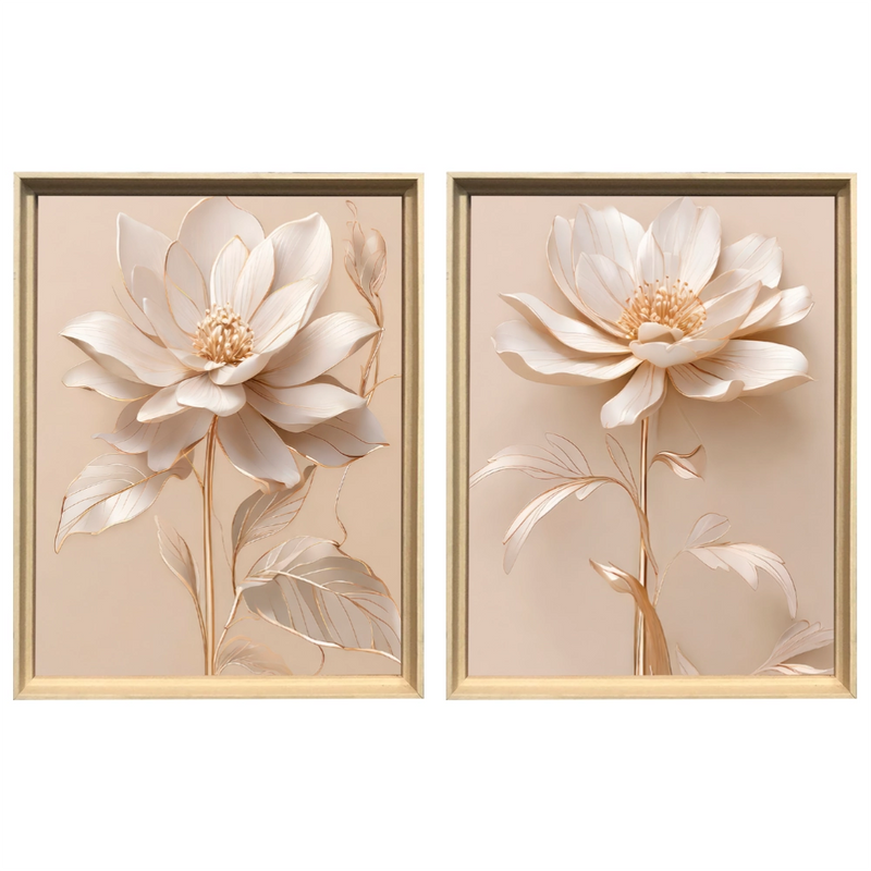 Kit 2 Quadros: Floral Elegância Dourado