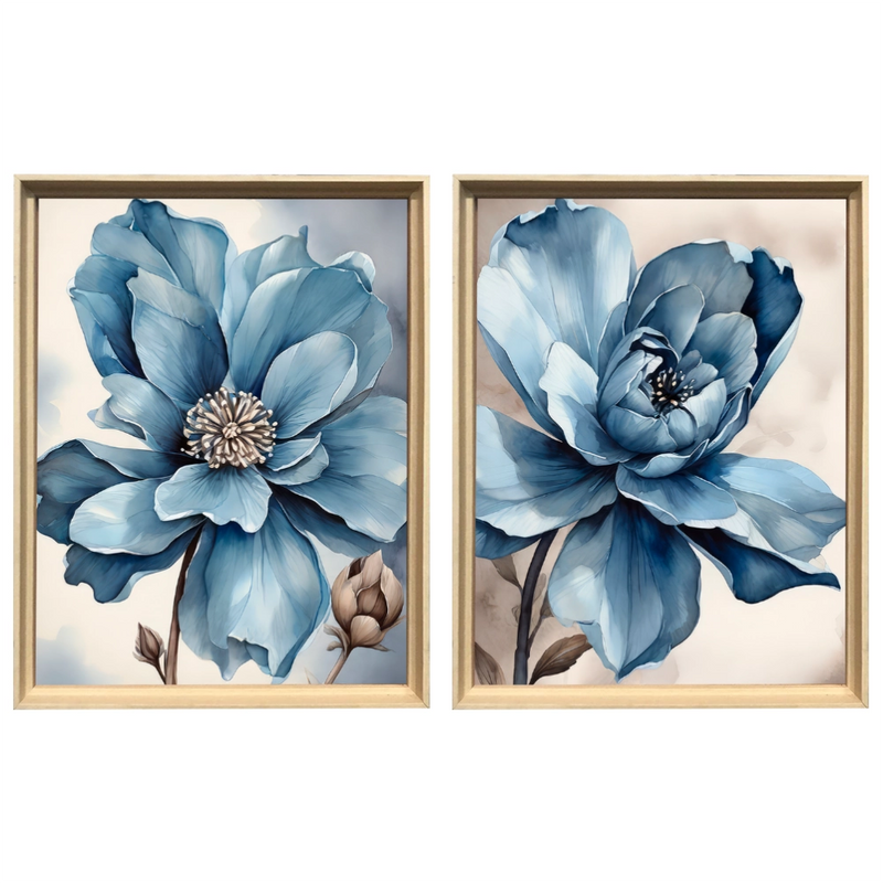 Kit 2 Quadros: Floral Azul Sereno