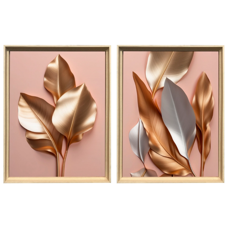 Kit 2 Quadros: Floral Ouro e Rosé