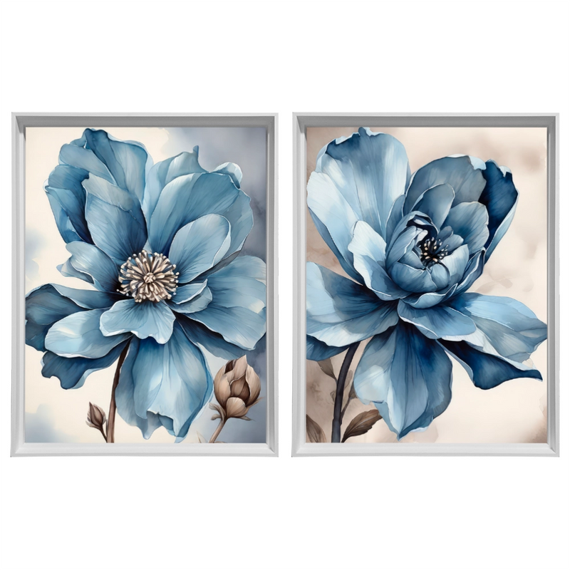 Kit 2 Quadros: Floral Azul Sereno