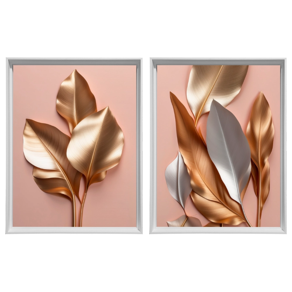 Kit 2 Quadros: Floral Ouro e Rosé