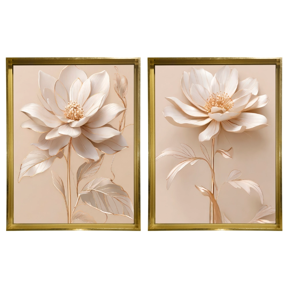Kit 2 Quadros: Floral Elegância Dourado