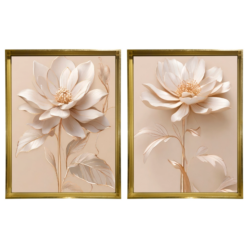 Kit 2 Quadros: Floral Elegância Dourado