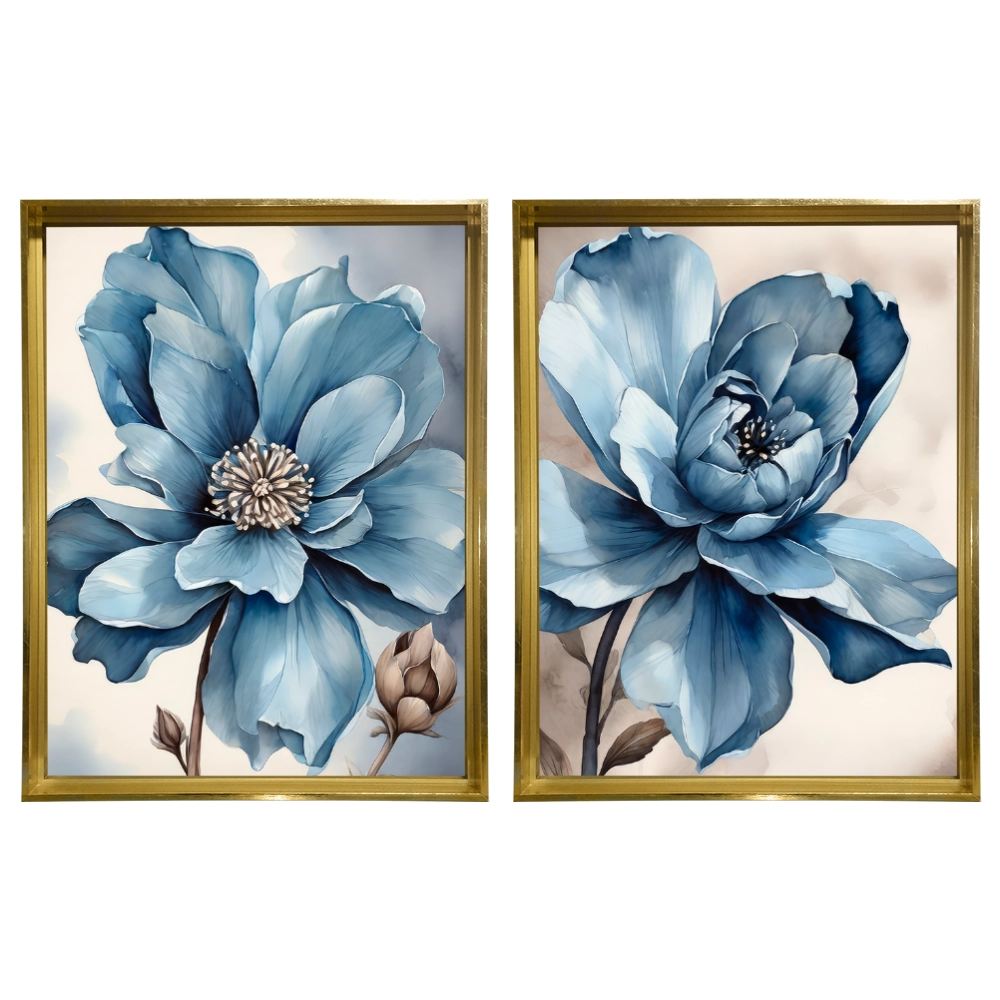 Kit 2 Quadros: Floral Azul Sereno