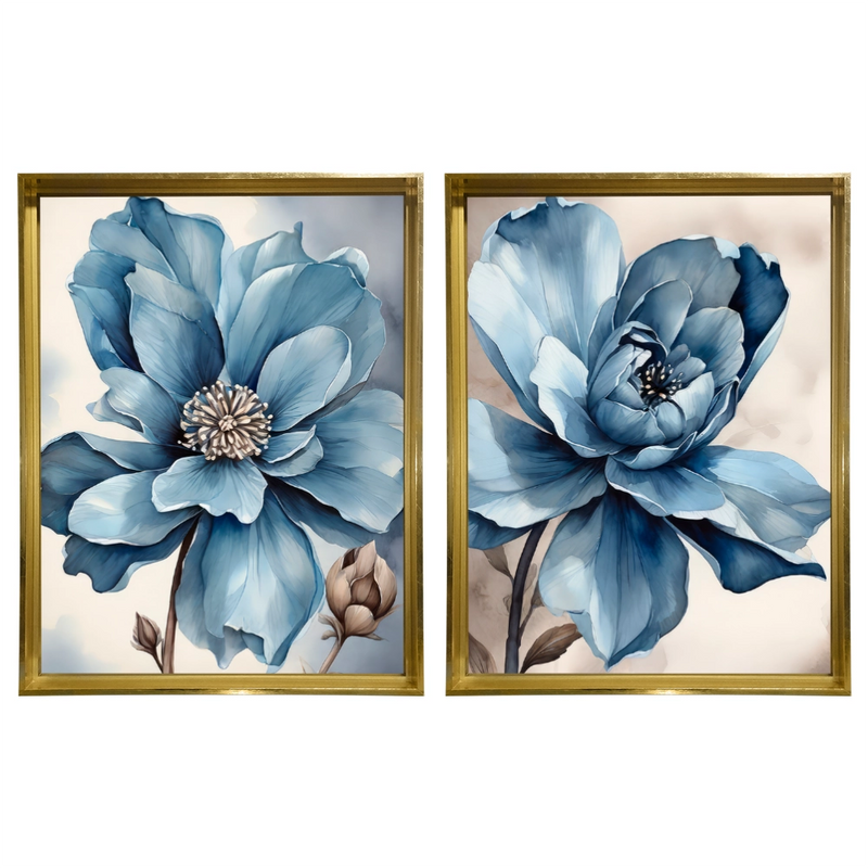 Kit 2 Quadros: Floral Azul Sereno