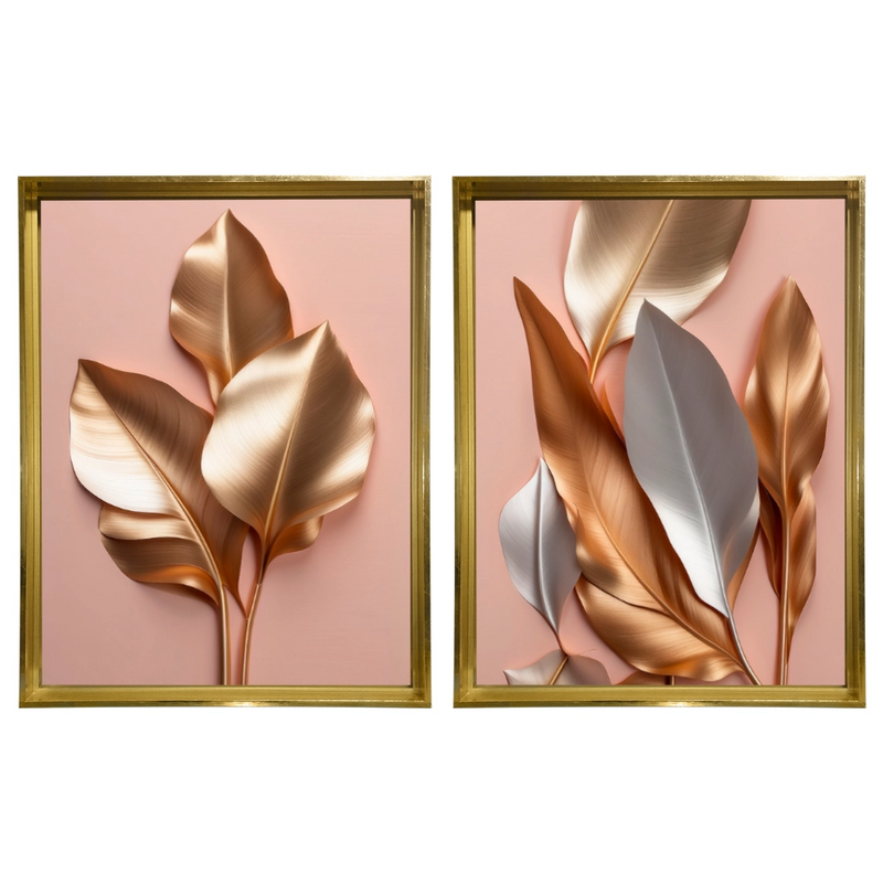Kit 2 Quadros: Floral Ouro e Rosé