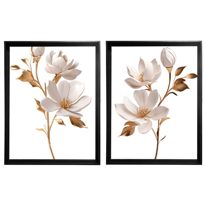 Kit 2 Quadros: Duo Floral Dourado
