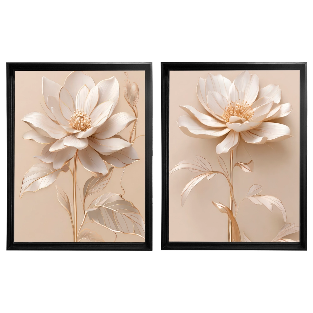 Kit 2 Quadros: Floral Elegância Dourado