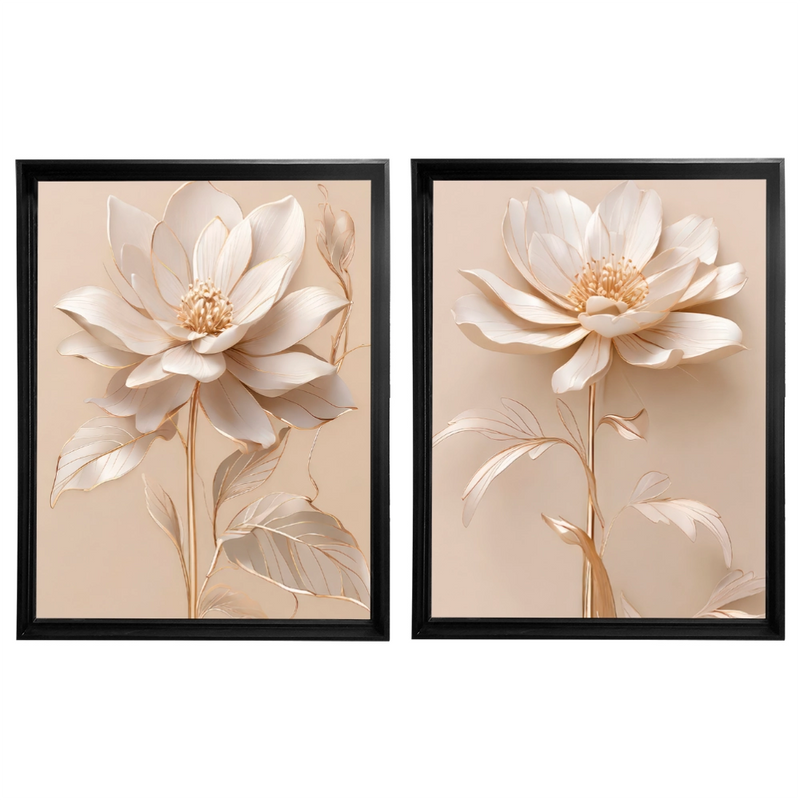 Kit 2 Quadros: Floral Elegância Dourado
