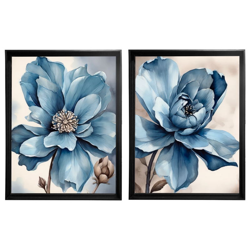 Kit 2 Quadros: Floral Azul Sereno