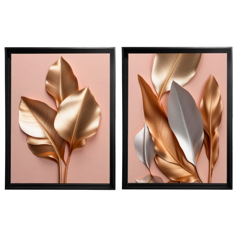 Kit 2 Quadros: Floral Ouro e Rosé