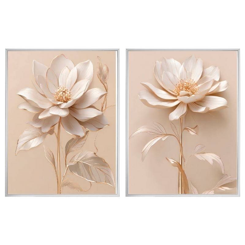 Kit 2 Quadros: Floral Elegância Dourado