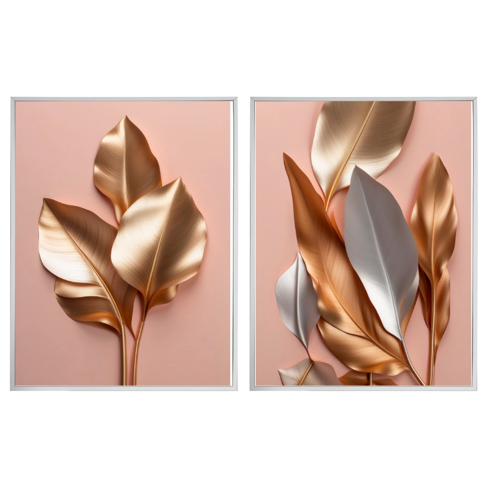 Kit 2 Quadros: Floral Ouro e Rosé