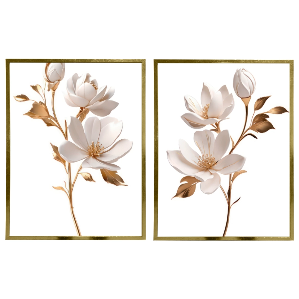 Kit 2 Quadros: Duo Floral Dourado