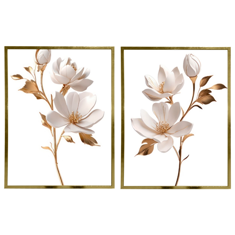 Kit 2 Quadros: Duo Floral Dourado
